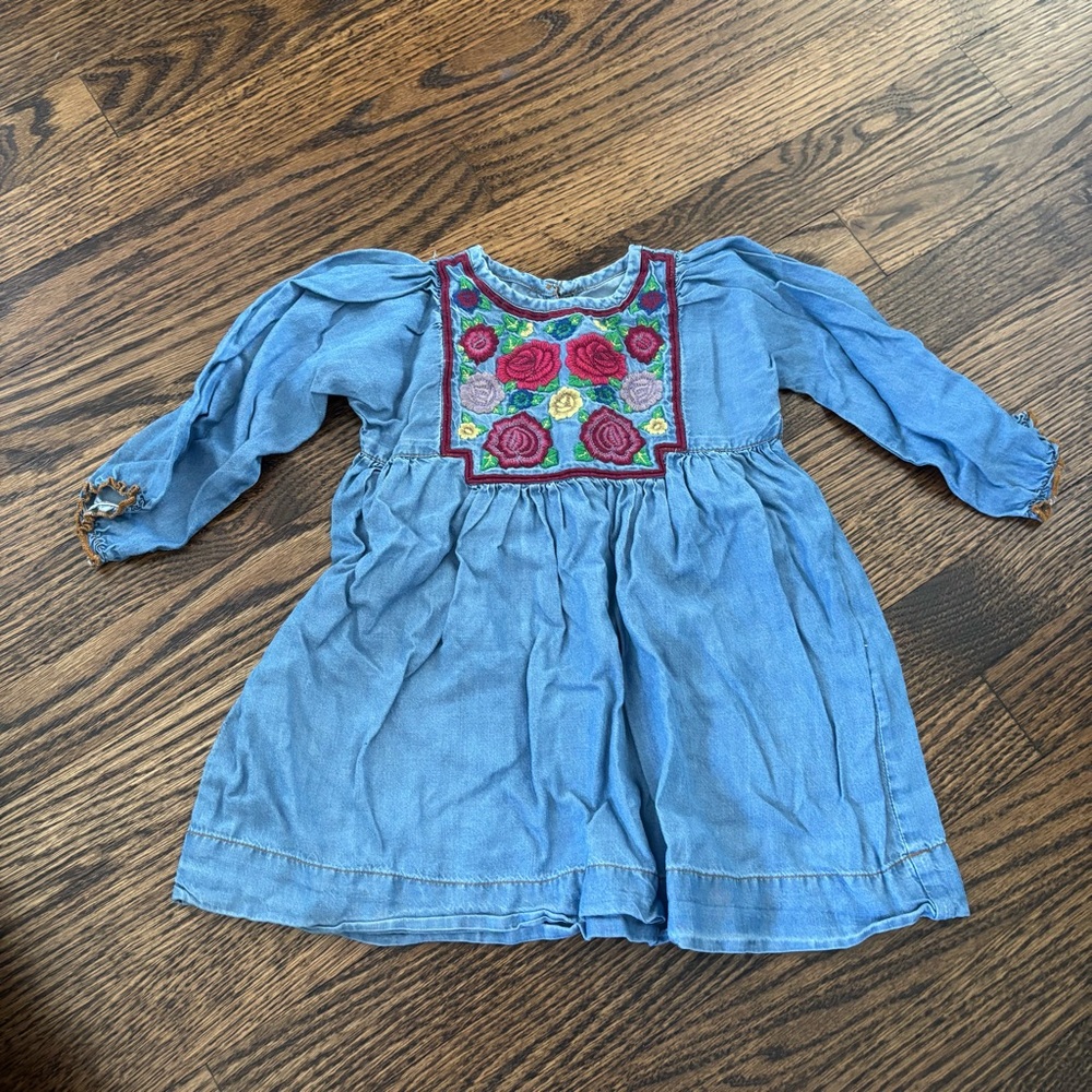 Pink Chicken Denim Dress with Floral Embroidery